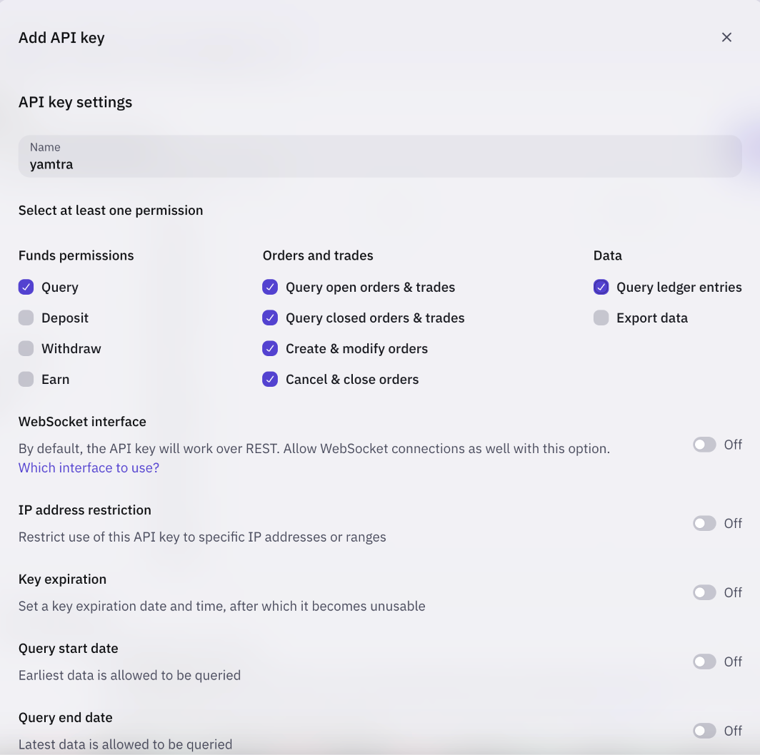 kraken api settings